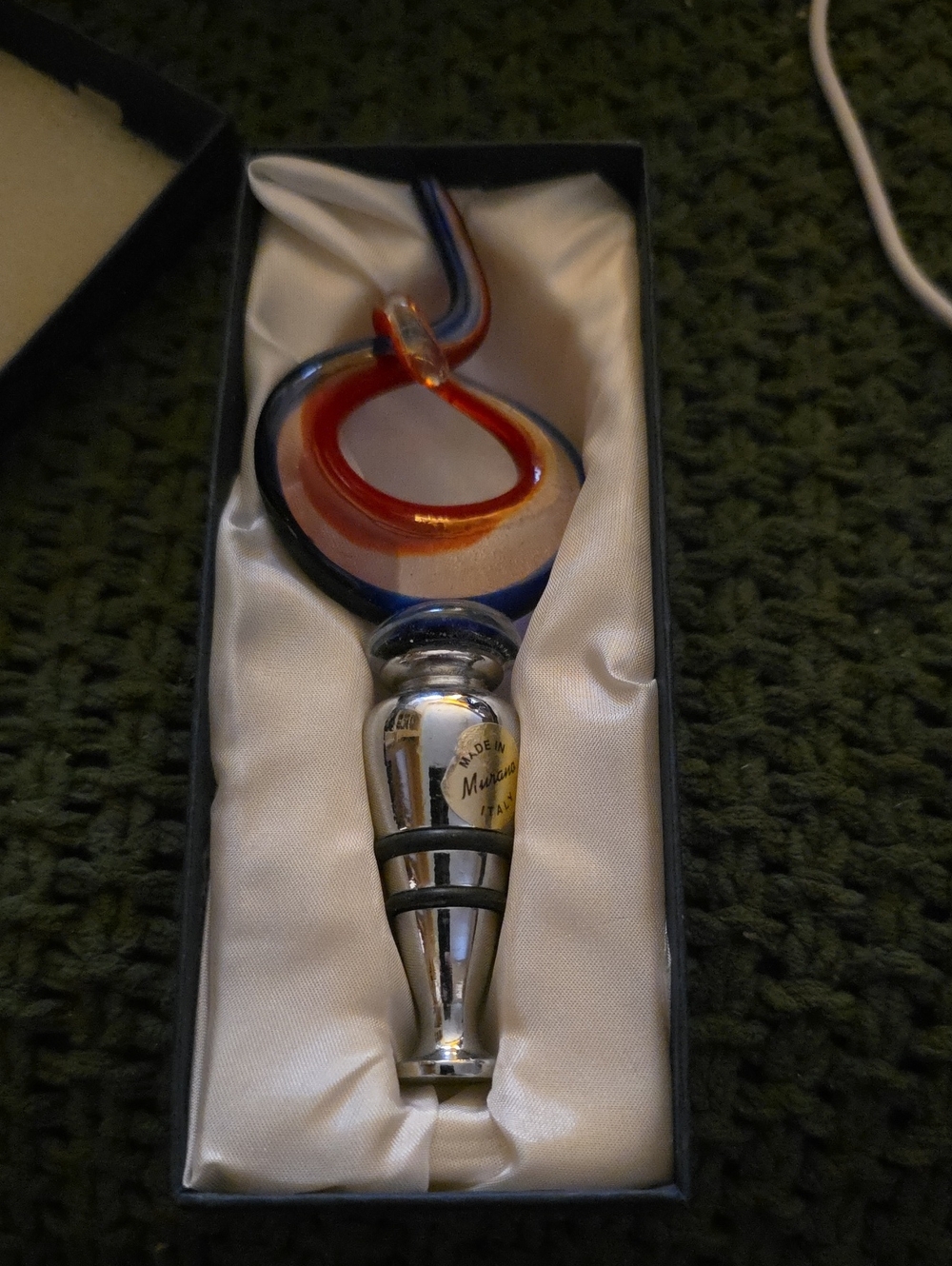 Murano Swirled Glass & Silver Wine Bottle Stopper - Blue & Red
